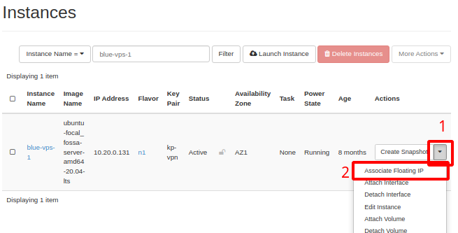 Painel da NNumbers Cloud, IPs flutuantes: será carregada a lista de instâncias criadas anteriormente