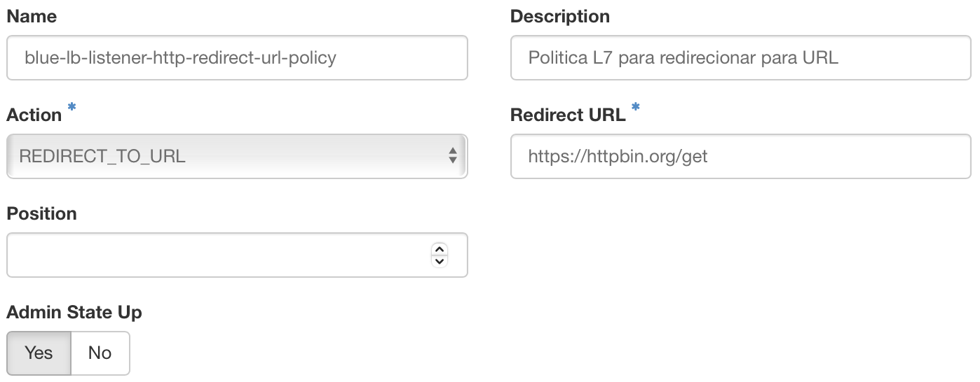 Painel da NNumbers Cloud, Load balancers: crie uma política L7 (blue-lb-listener-http-redirect-url-policy)