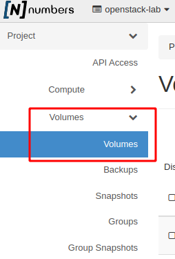 Painel da NNumbers Cloud, Volumes: no menu à esquerda, clicar em Volumes e depois em volumes
