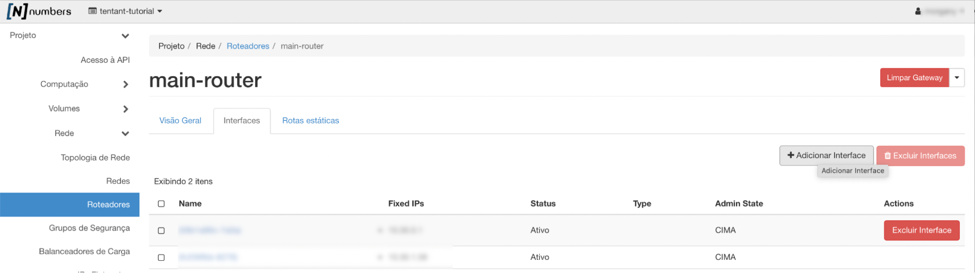 Painel da NNumbers Cloud, Roteadores: na aba Interfaces, clique no botão Adicionar Interface