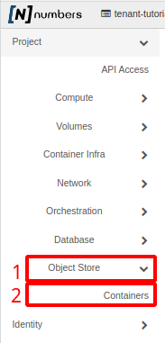 Painel da NNumbers Cloud, Object Store: no menu à esquerda, clicar em Object Store e depois em Containers