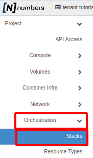 Painel da NNumbers Cloud, Orquestração: no menu à esquerda, clicar em Orchestration -> Stacks