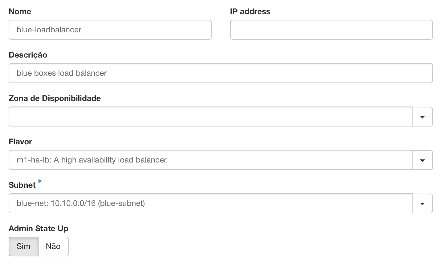 Painel da NNumbers Cloud, Load balancers: em seguida será exibido o assistente de criação de load balancer