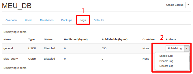 Painel da NNumbers Cloud, Banco de dados: ao acessar o banco desejado, no menu ao topo, clique em Logs