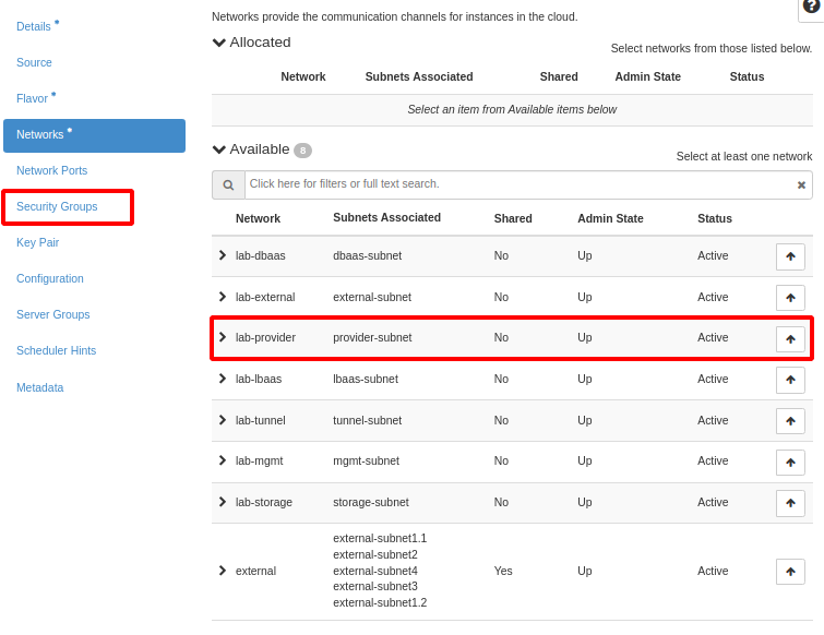 Painel da NNumbers Cloud, Volumes: em Networks, selecione a mesma rede usada anteriormente clique em 🔼, e