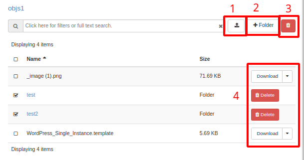 Painel da NNumbers Cloud, Object Store: ao clicar em um bucket da lista, será carregado o conteúdo, onde