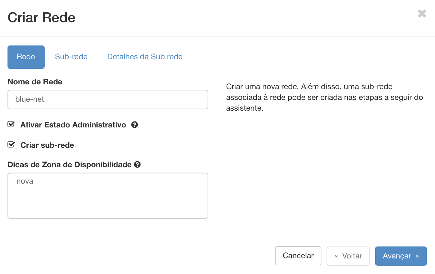 Painel da NNumbers Cloud, Redes: zonas de disponibilidade onde os agentes DHCP possam ser agendados
