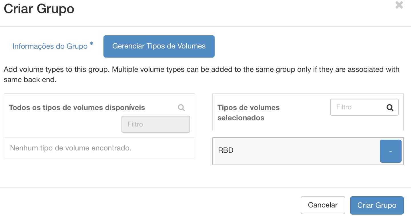 Painel da NNumbers Cloud, Volumes: na aba Gerenciar Tipos de Volume