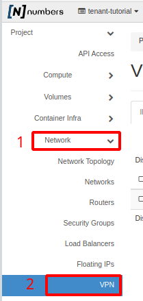 Painel da NNumbers Cloud, VPN site-to-site: no menu à esquerda, clicar em Network e depois em VPN