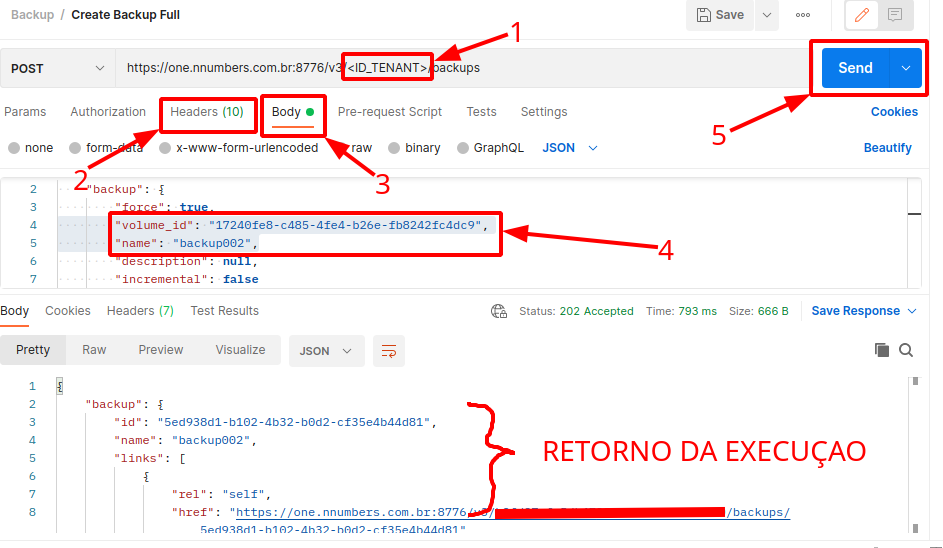 Painel da NNumbers Cloud, Volumes: com o item do tipo de backup a ser feito aberto, na URL substitua