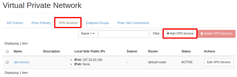 Painel da NNumbers Cloud, VPN site-to-site: no menu localizado ao topo clique em VPN Services e depois clique