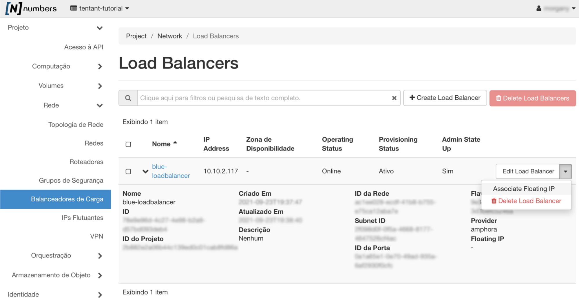 Painel da NNumbers Cloud, Load balancers: no menu Projeto -> Rede -> Balanceadores de Carga, clique no botão