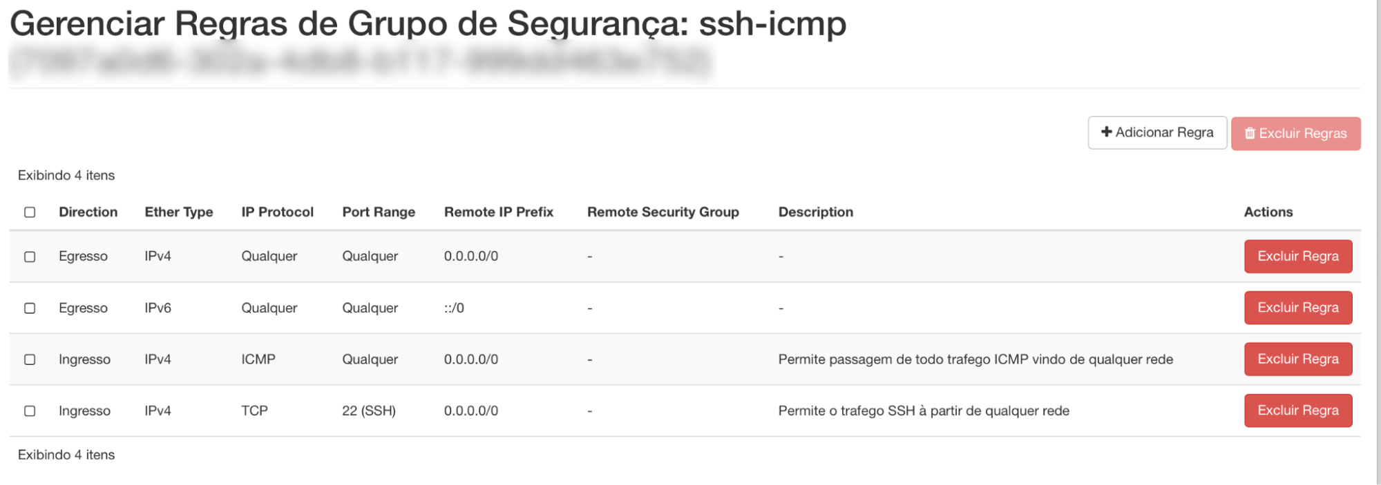 Painel da NNumbers Cloud, Grupos de segurança: por padrão, todo novo grupo de segurança criado, inclui as