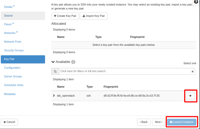 Painel da NNumbers Cloud, Volumes: em Key Pair, selecione a chave para conexão utilizada anteriormente (ou