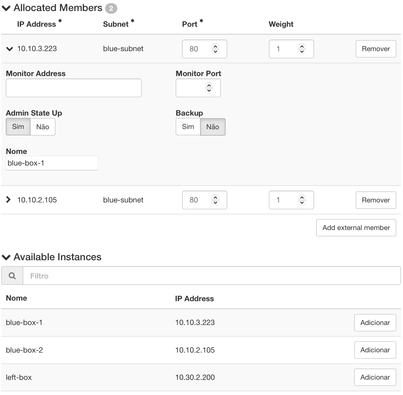 Painel da NNumbers Cloud, Load balancers: para este tutorial, se você seguiu os passos de criação da rede