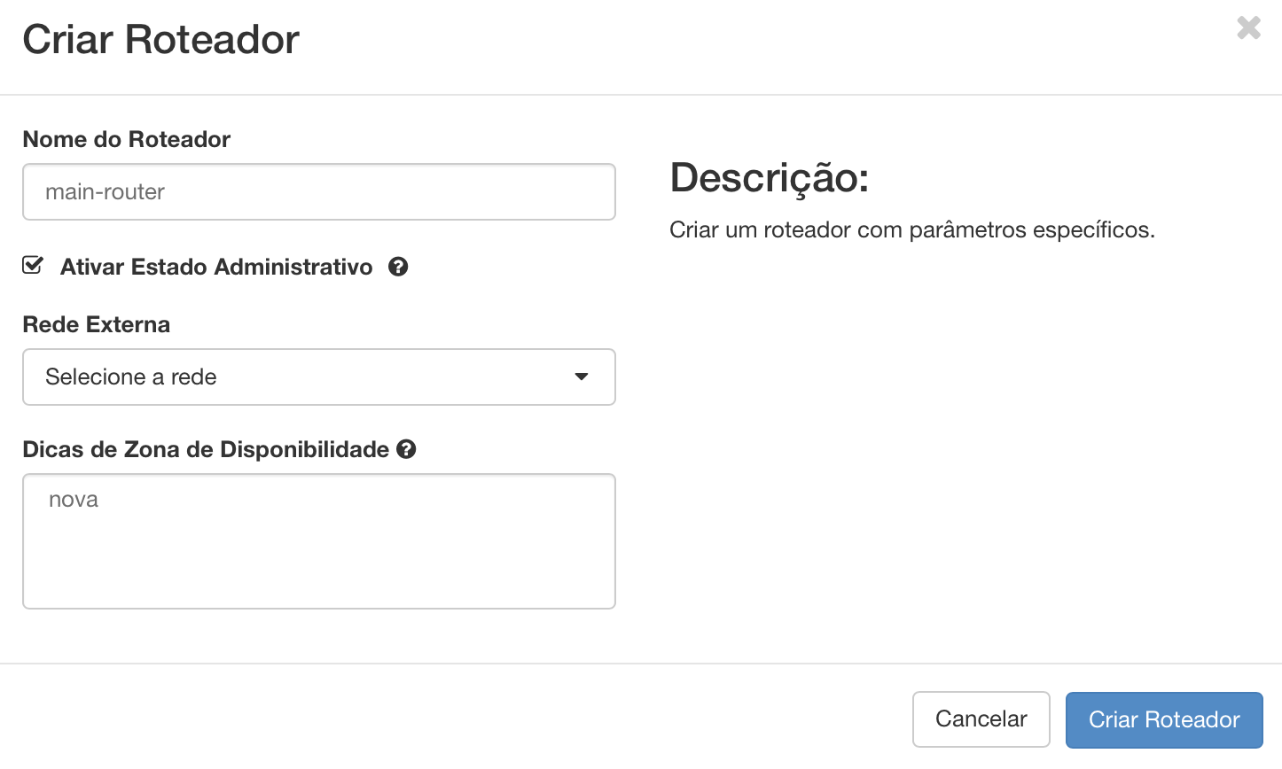Painel da NNumbers Cloud, Roteadores: informe o nome do roteador, selecione a rede externa, deixe marcado
