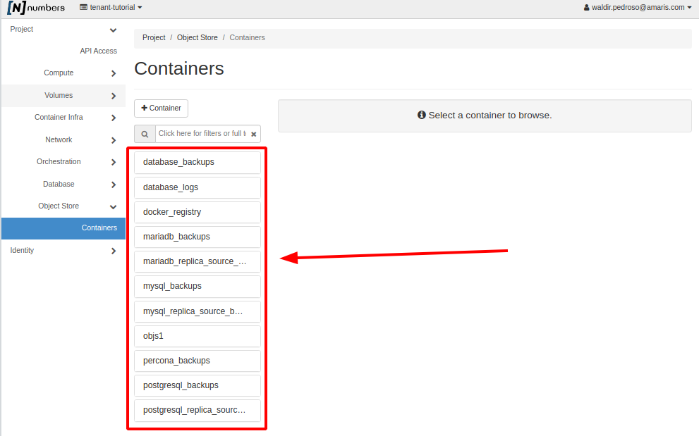 Painel da NNumbers Cloud, Object Store: após criar, ele aparecerá na lista