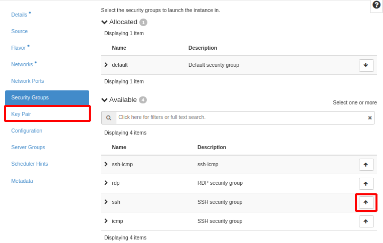Painel da NNumbers Cloud, Volumes: em Security Groups, selecione o grupo utilizado anteriormente clique em 🔼