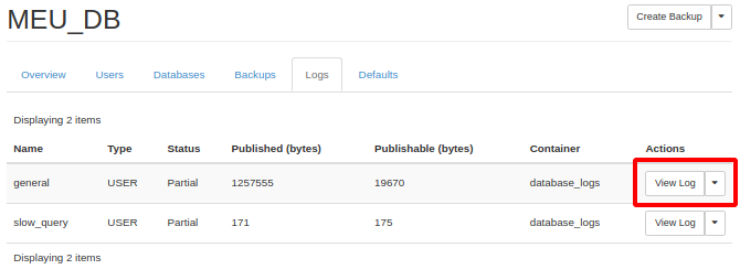 Painel da NNumbers Cloud, Banco de dados: após habilitar os logs, você pode visualizar acessando a opção View