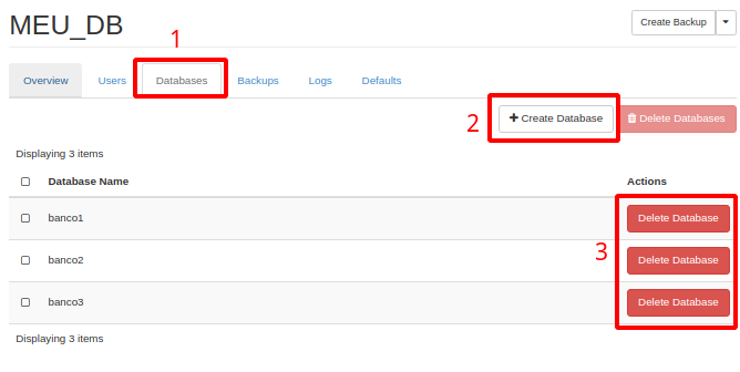 Painel da NNumbers Cloud, Banco de dados: ao acessar o banco desejado, no menu ao topo, clique em Databases