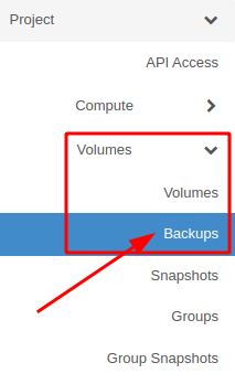 Painel da NNumbers Cloud, Volumes: para restaurar um backup, acesse o menu Volumes->Backups