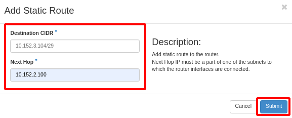 Formulário Add Static Route preenchido, com Destination CIDR e Next Hop