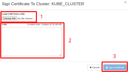 Painel da NNumbers Cloud, Container Infra (Kubernetes): após Carregar o certificado, no rodapé, clique