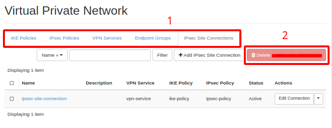 Painel da NNumbers Cloud, VPN site-to-site: na página seguinte será exibido a lista de de VPNs adicionadas