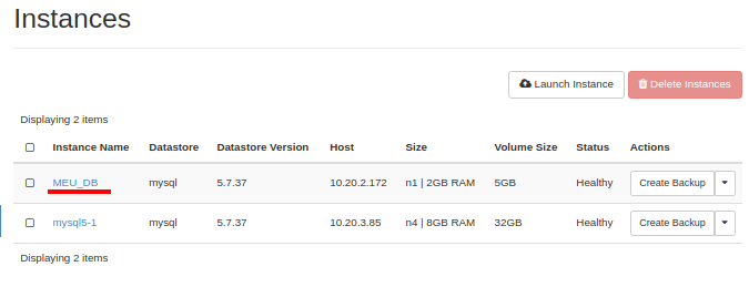 NNumbers Cloud console, Databases: on the page listing the database instances you created