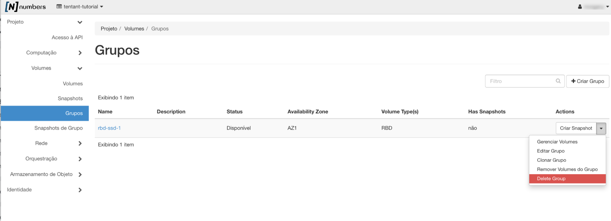 NNumbers Cloud console, Volumes: to delete a group, go to Project -> Volumes -> Groups