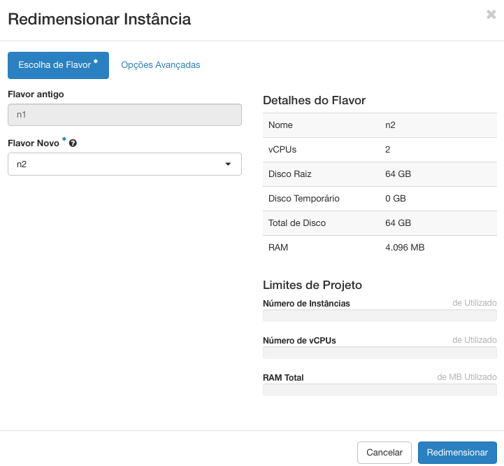 NNumbers Cloud console, Compute instances: then select the new flavor and click