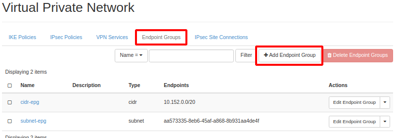 NNumbers Cloud console, Site-to-site VPN: in the top menu click Endpoint Groups and then