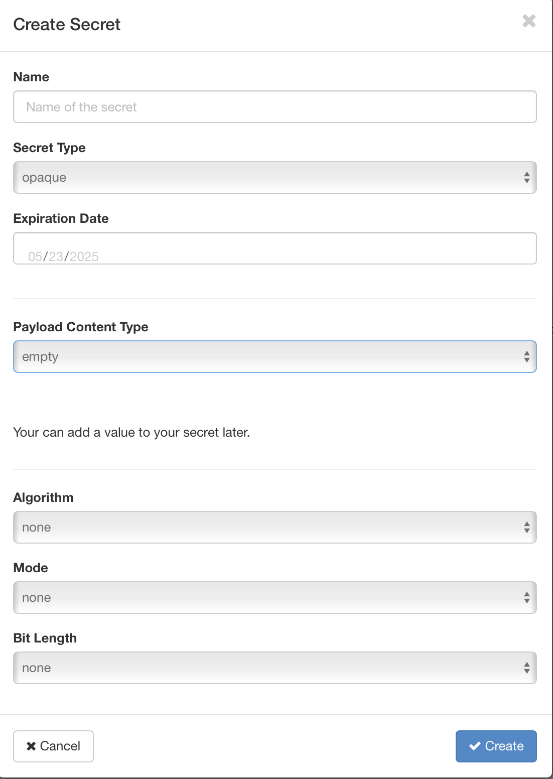 Create Secret form, step 1: secret name and type fields