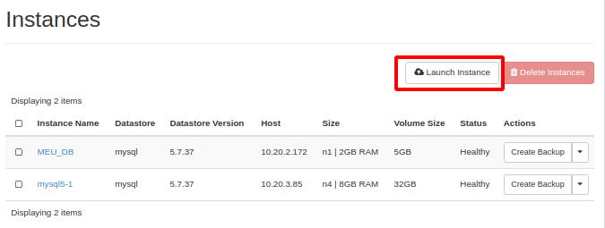 NNumbers Cloud console, Databases: on the screen listing the database instances, click