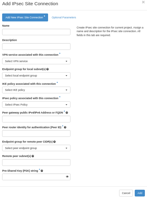 Add IPsec Site Connection form filled in