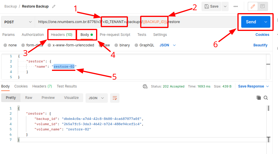 NNumbers Cloud console, Volumes: with the backup ID in hand, open Restore Backup in the scratch pad