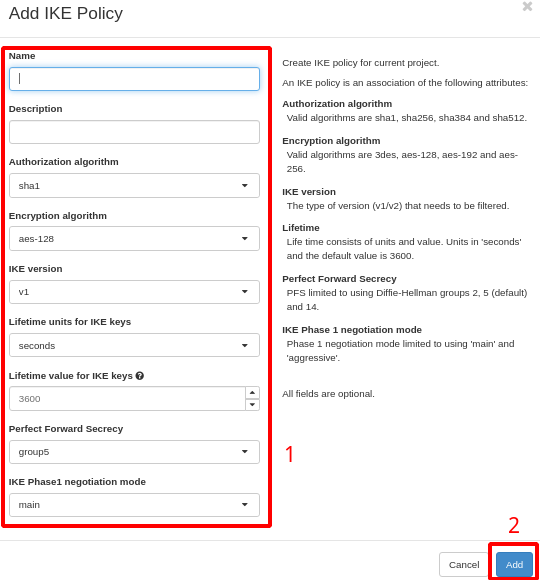 NNumbers Cloud console, Site-to-site VPN: once the form is filled in, at the bottom click Add