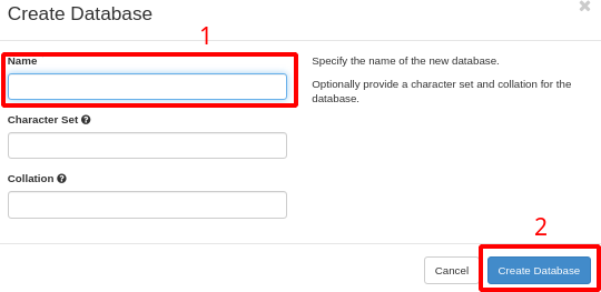 NNumbers Cloud console, Databases: in the form, fill in the name field and then click