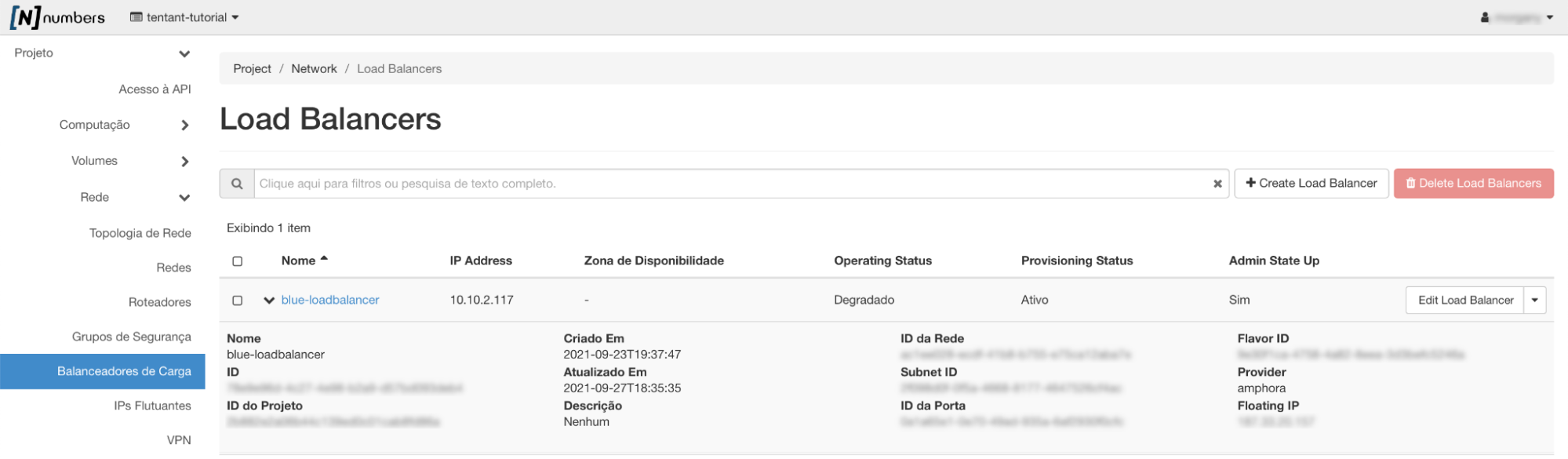 NNumbers Cloud console, Load balancers: note in the console that the load balancer is marked