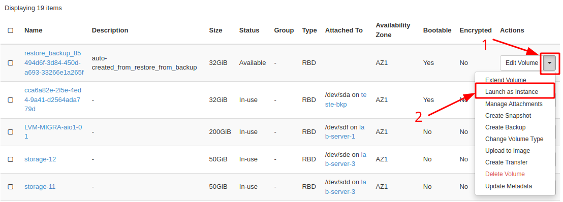NNumbers Cloud console, Volumes: find the restored volume in the list