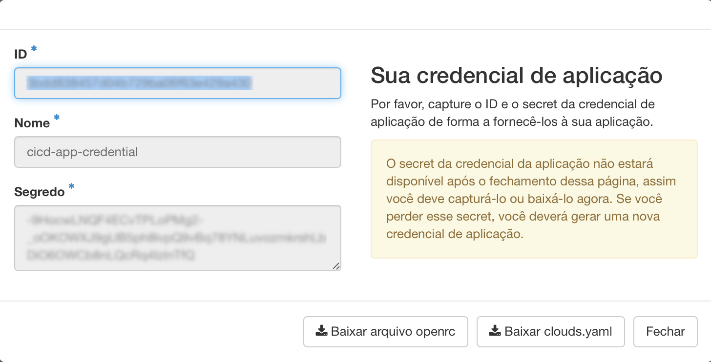 NNumbers Cloud console, Application credentials: the screen below then appears with the ID