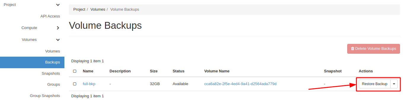 NNumbers Cloud console, Volumes: in the list, select the backup to restore by clicking Restore Backup