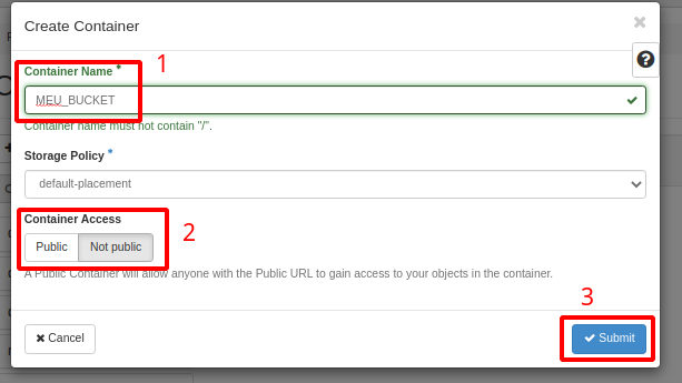 NNumbers Cloud console, Object Store: in the new window, fill in the name and access type