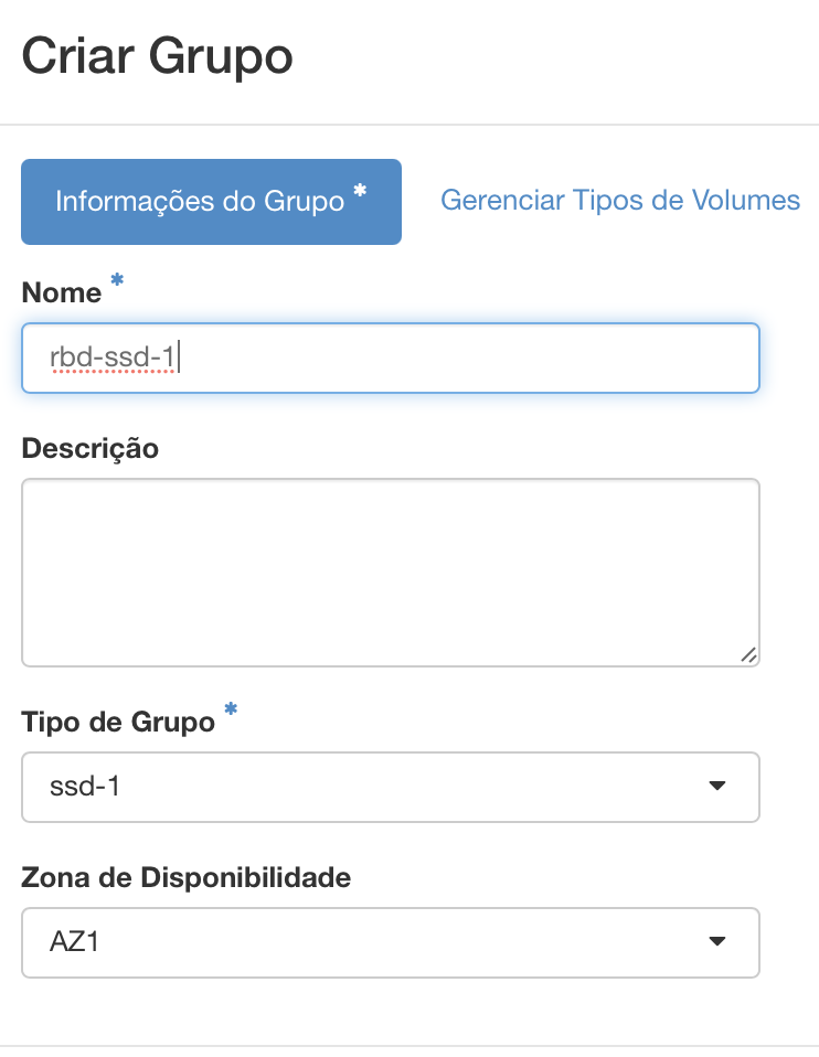NNumbers Cloud console, Volumes: Availability Zone: the availability zone where the volume group