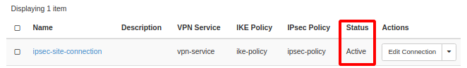 NNumbers Cloud console, Site-to-site VPN: to check whether the connection succeeded, look at the Status column