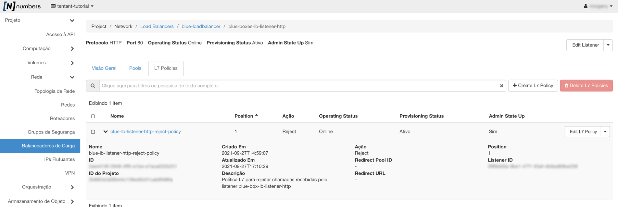 NNumbers Cloud console, Load balancers: click the link at the right of the row for the L7 policy just