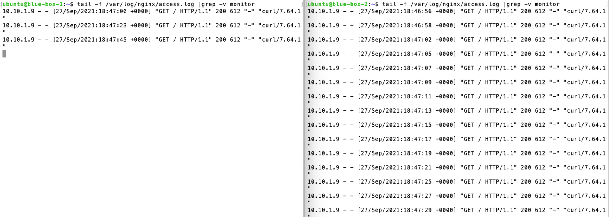 NNumbers Cloud console, Load balancers: note in the logs that more requests go to blue-box-2