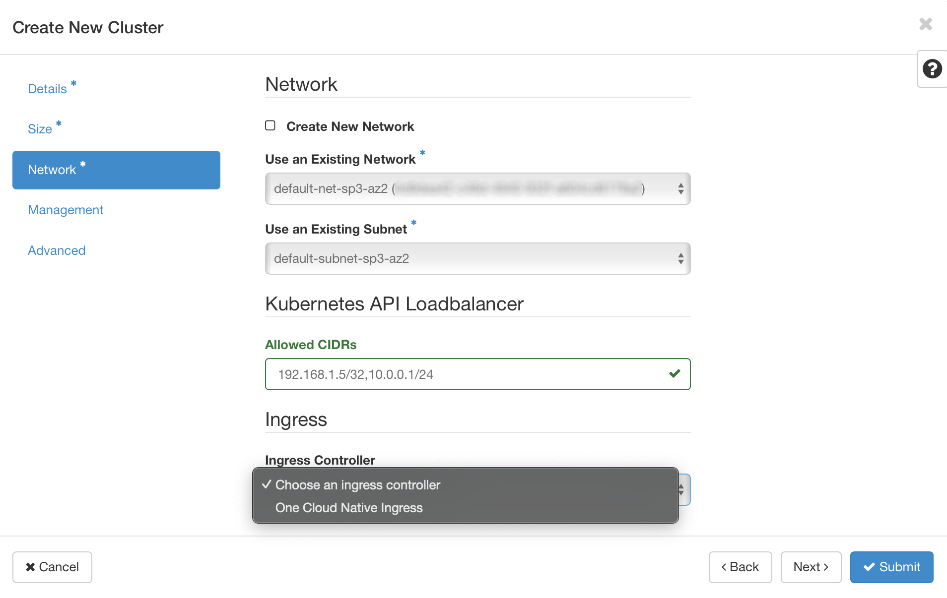 NNumbers Cloud console, Container Infra (Kubernetes): the next screen is where you set the network configuration