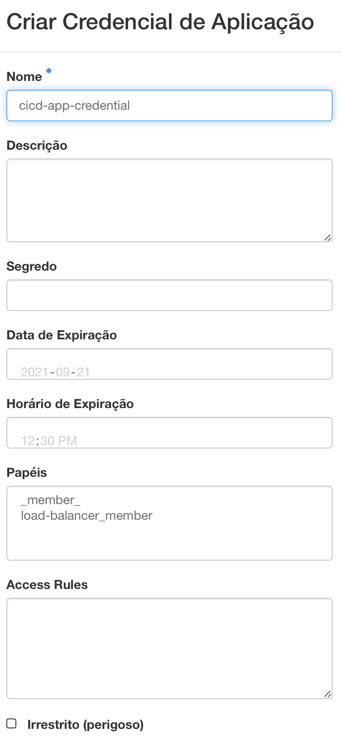 NNumbers Cloud console, Application credentials: the screen below then appears, fill in the