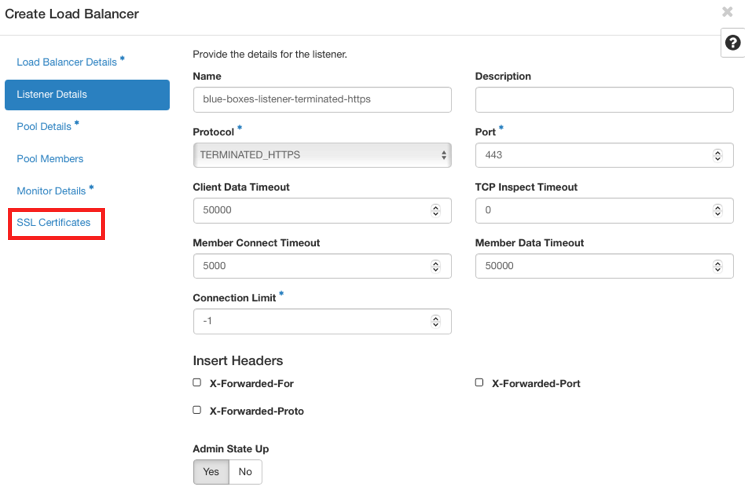 NNumbers Cloud console, Load balancers: when HTTP is selected, every field except TLS